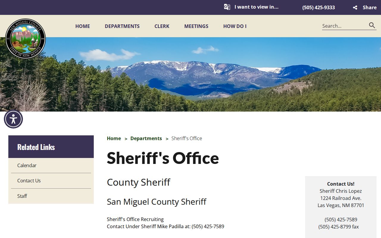 San Miguel County Sheriff's Office official page without a public warrant roster